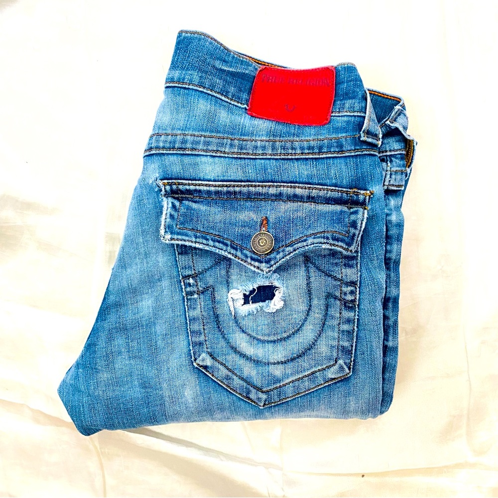 True Religion Mens Light Blue Washed Relaxed Straight Jeans Size 32